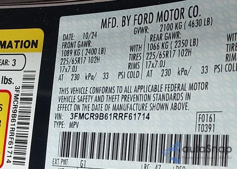 2024 Ford Bronco Sport Big Bend z USA, uszkodzony, nr VIN 3FMCR9B61RRF61714